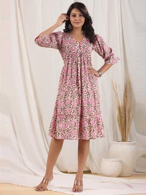 rain and rainbow pink cotton floral print a-line dress