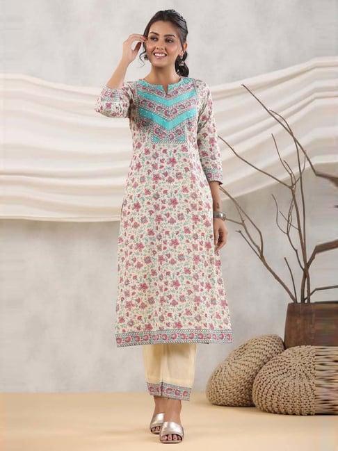 rain and rainbow cream cotton floral print kurta pant set