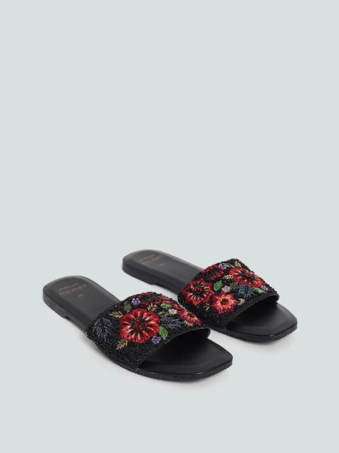 luna blu by westside black floral embroidered slider sandals