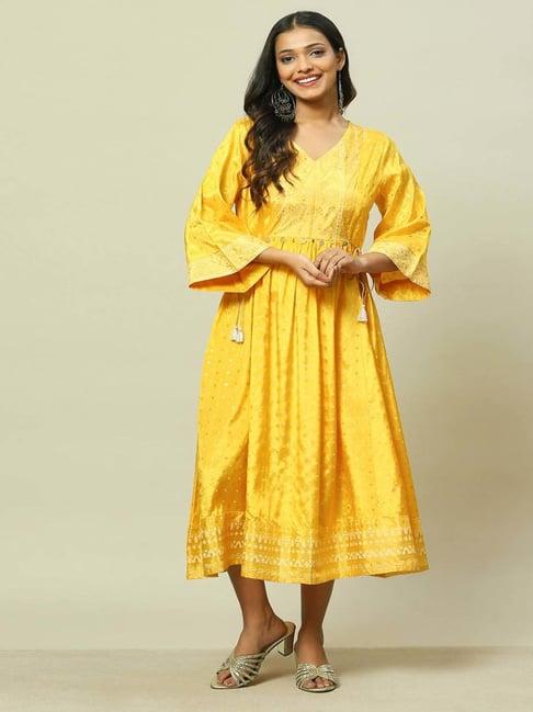 rangriti yellow embellished a-line dress