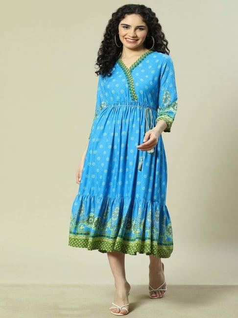 rangriti turquoise printed a-line dress