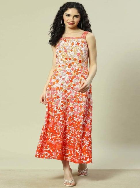 rangriti coral printed a-line dress