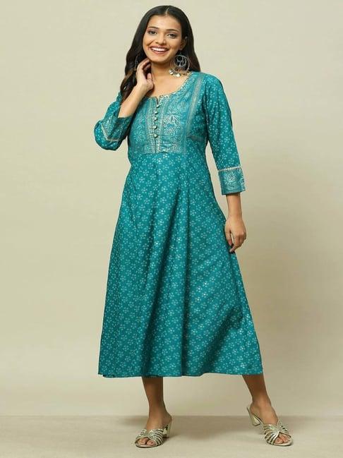 rangriti teal green printed a-line dress