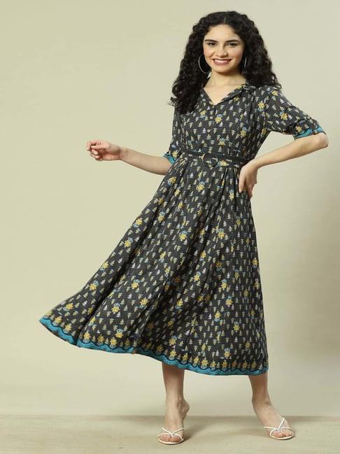 rangriti black printed a-line dress