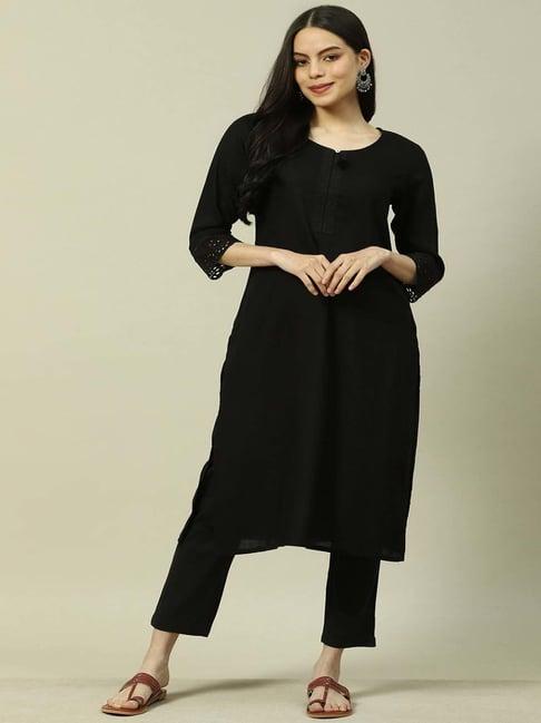 rangriti black embroidered straight kurta