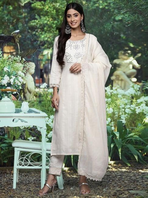 indo era off-white embroidered kurta pant set with dupatta