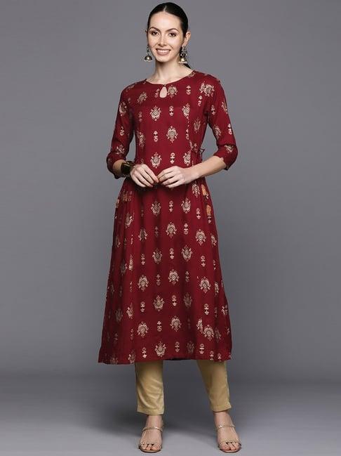 indo era maroon printed a line kurta