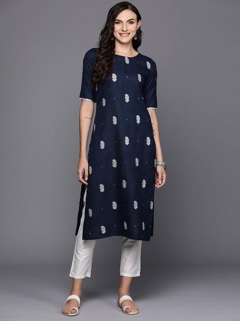 indo era navy cotton embroidered straight kurta