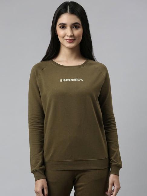 enamor olive green cotton graphic print sweatshirt