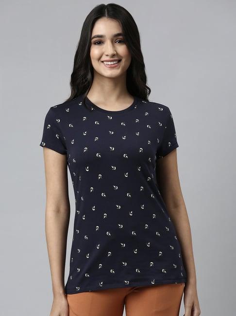 enamor navy cotton printed t-shirt