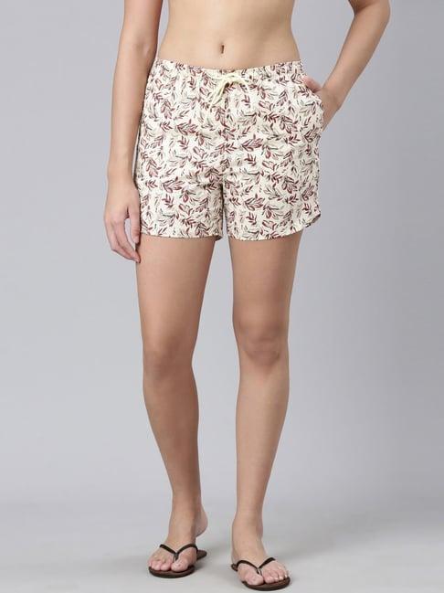 enamor beige cotton printed shorts