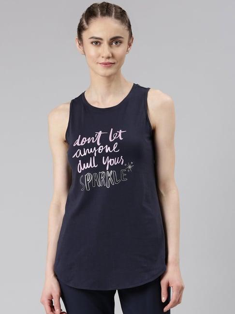 enamor navy cotton graphic print tank top