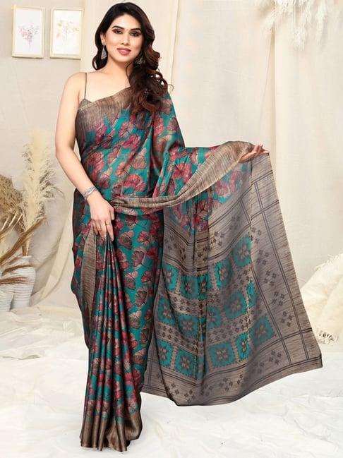 mirchi fashion teal green floral print saree with unstitched blouse piece