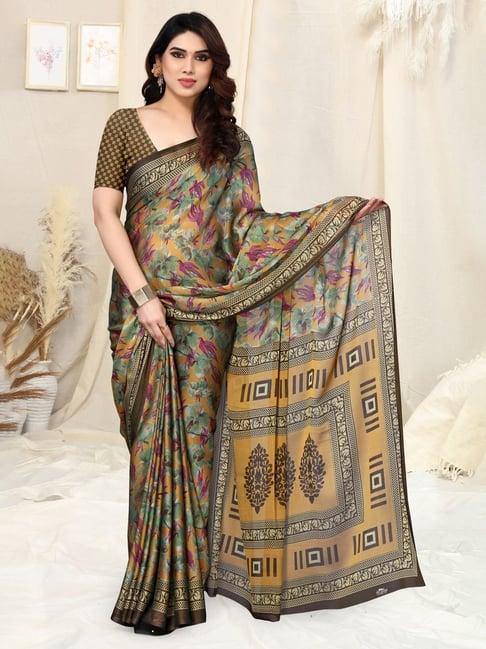 mirchi fashion mustard & green floral print saree with unstitched blouse piece