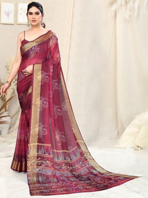 mirchi fashion magenta printed saree with unstitched blouse piece