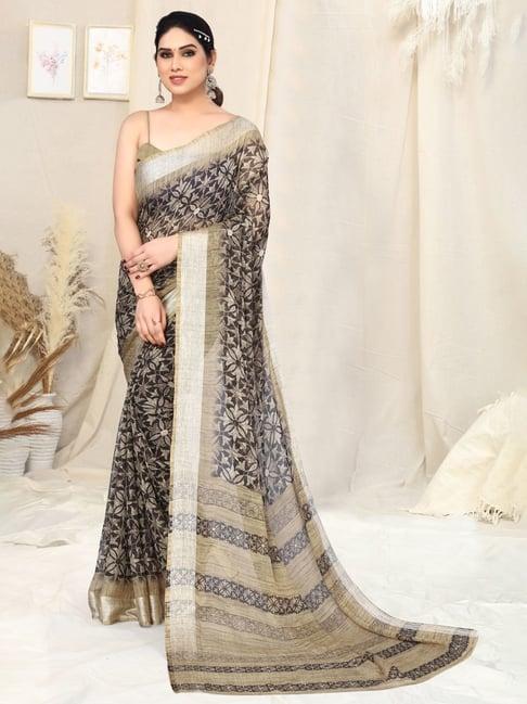 mirchi fashion black floral print saree with unstitched blouse piece