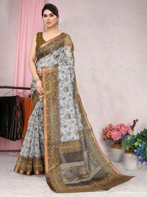 mirchi fashion grey floral print saree with unstitched blouse piece