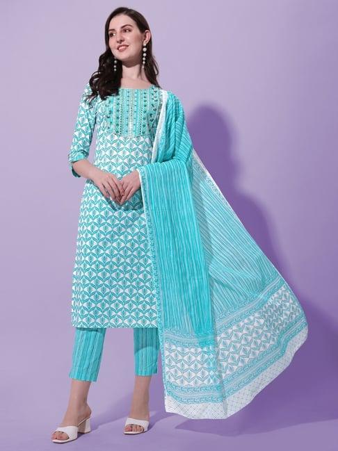 mirchi fashion turquoise cotton embroidered kurta pant set with dupatta