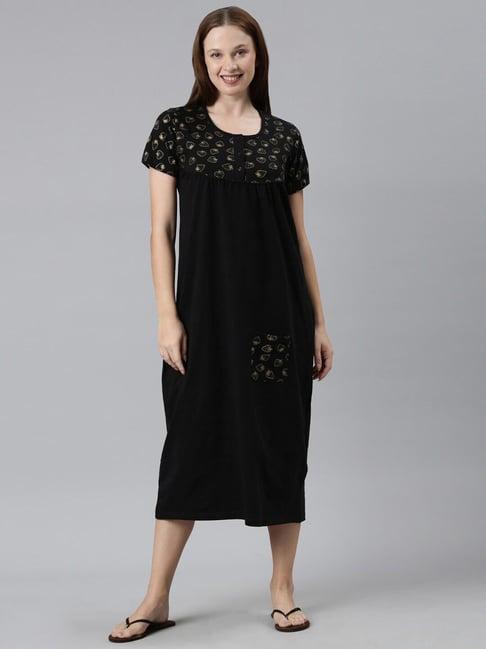 kryptic black printed pure cotton maxi night dress