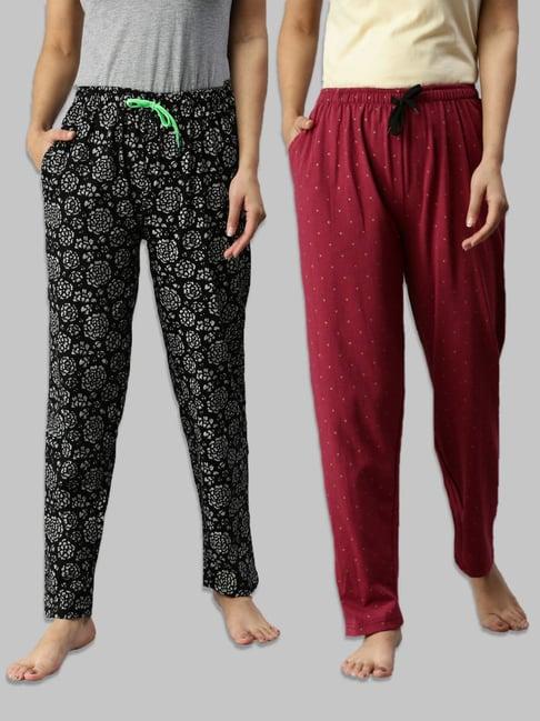 kryptic black & maroon printed pure cotton elasticated waist band regular fit pyjamas - pack of 2