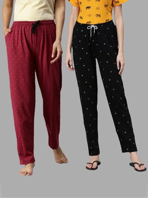 kryptic maroon & black printed pure cotton elasticated waist band regular fit pyjamas - pack of 2