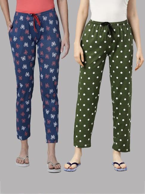 kryptic blue & green printed pure cotton elasticated waist band regular fit pyjamas - pack of 2