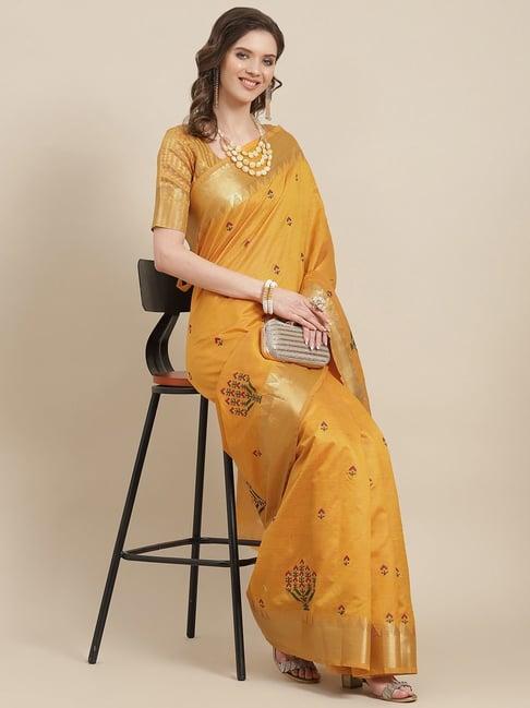 serona fabrics yellow cotton silk embroidered saree with unstitched blouse