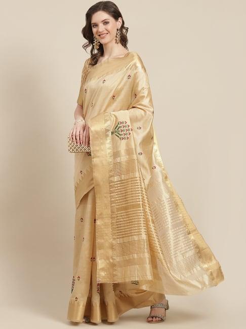 serona fabrics cream cotton silk embroidered saree with unstitched blouse