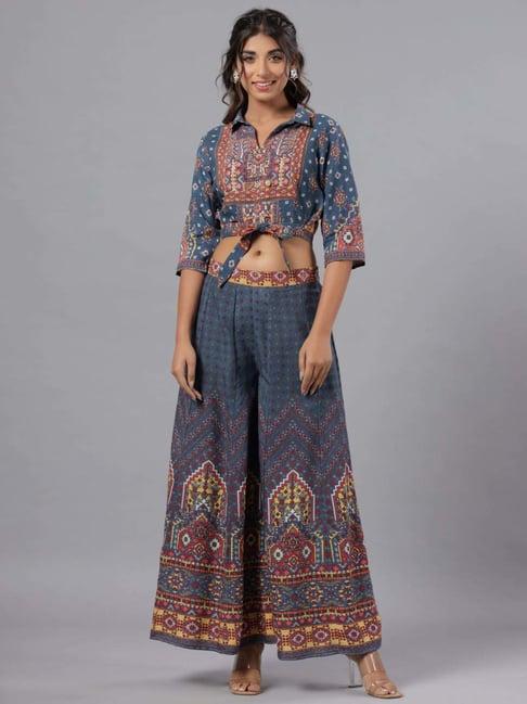 juniper blue printed crop top palazzo set