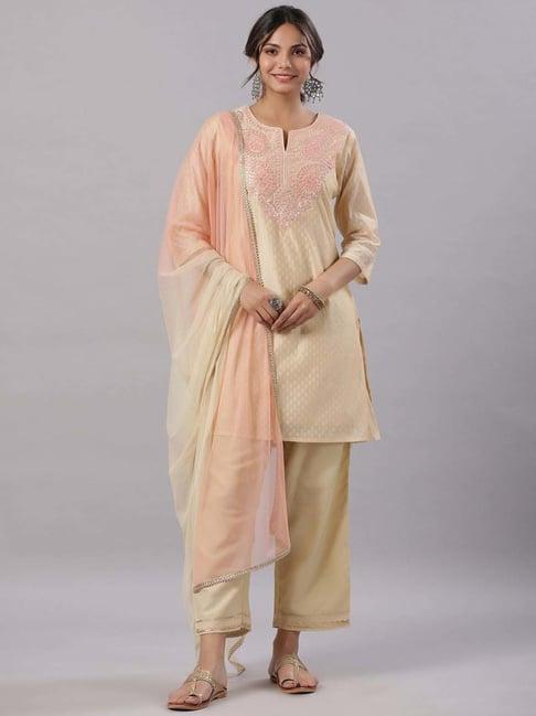 juniper golden embroidered kurti pant set with dupatta