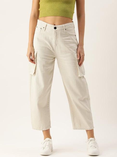 bene kleed off-white cotton high rise flared jeans