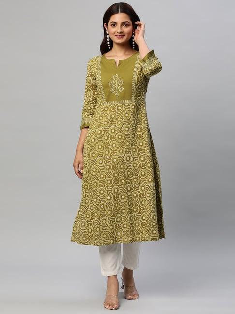 kami kubi olive cotton block print a line kurta