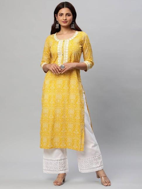 kami kubi yellow cotton printed straight kurta