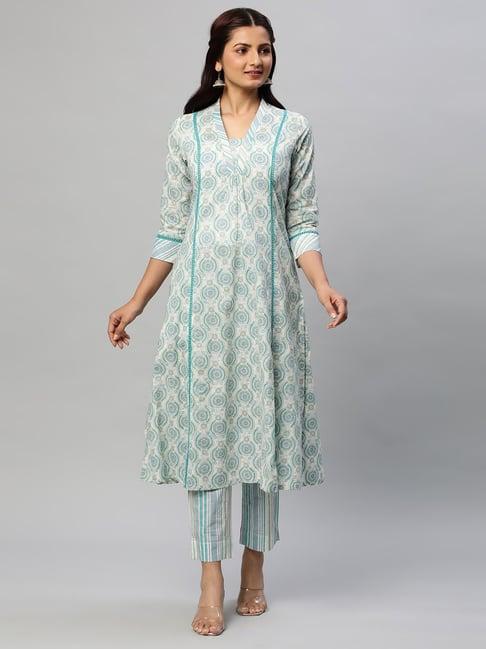 kami kubi off white cotton printed kurta pant set