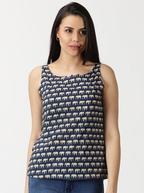 saffron threads navy cotton printed top