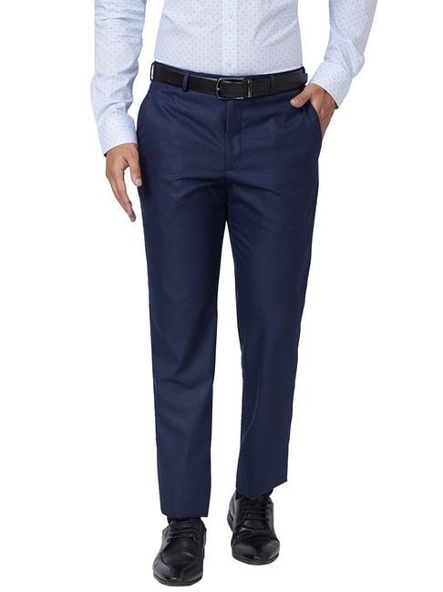 park avenue blue regular fit self design flat front trousers