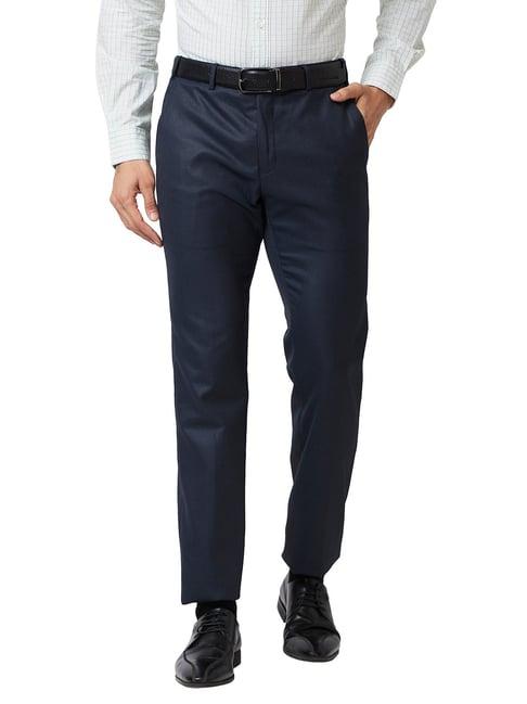 raymond blue slim fit striped flat front trousers