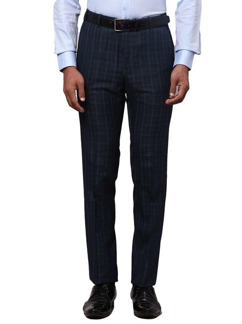 raymond dark blue slim fit check flat front trousers