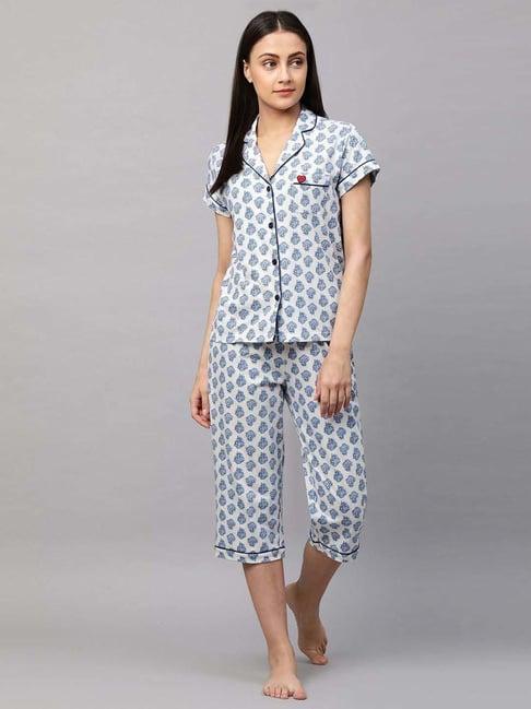 chemistry blue cotton printed shirt pyjama set