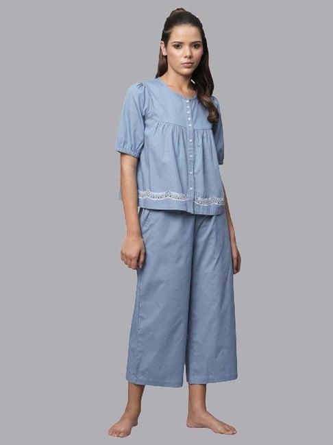 chemistry blue cotton embroidered top pyjama set