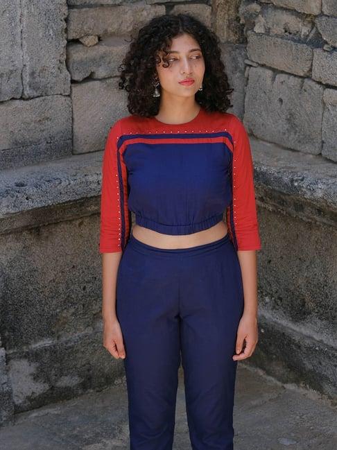 okhai olympia blue & red hand embroidered crop top