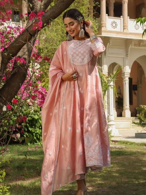 zolo label pink embroidered kurta with pant & dupatta