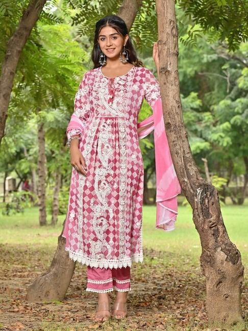 zolo label pink embroidered kurta with pant & dupatta