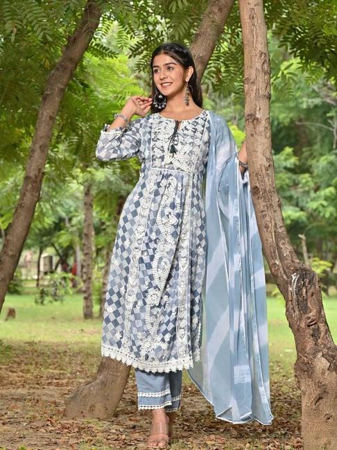 zolo label blue embroidered kurta with pant & dupatta