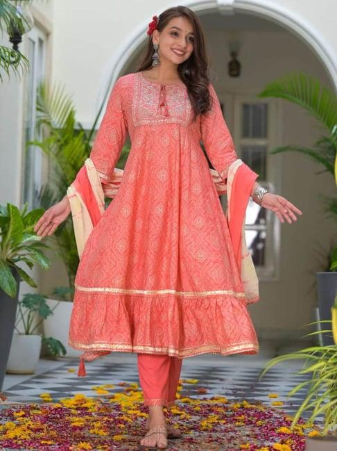 zolo label pink printed kurta with pant & dupatta