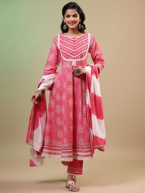 zolo label pink printed anarkali kurta with pant & dupatta