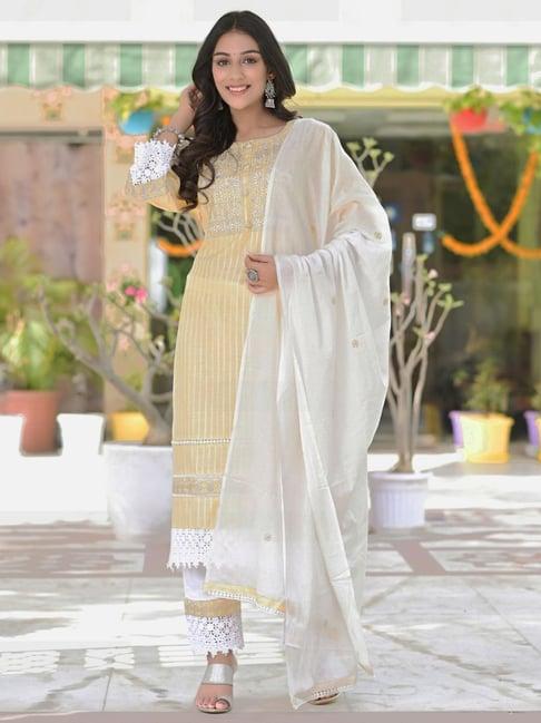 zolo label pastel yellow embroidered kurta with pant & dupatta