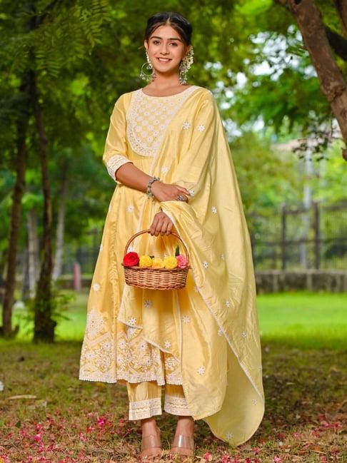 zolo label yellow embroidered anarkali kurta with pant & dupatta