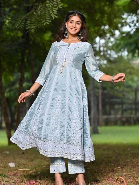 zolo label dusty blue embroidered anarkali kurta with pant & dupatta