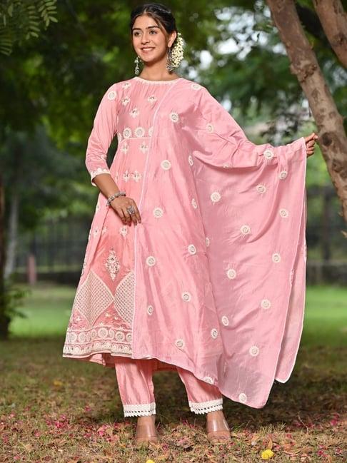 zolo label pink embroidered anarkali kurta with pant & dupatta